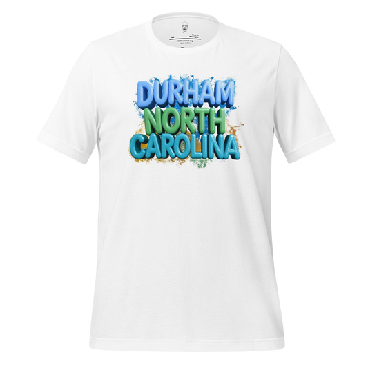 White t-shirt with colorful Durham North Carolina text design by JMK Drip