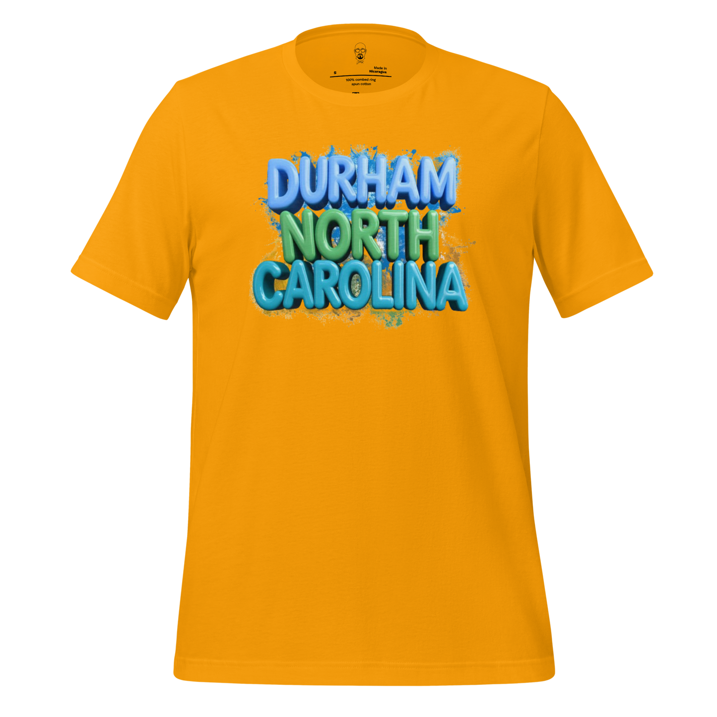 Durham North Carolina t-shirt in bright yellow with colorful 3D text design on front