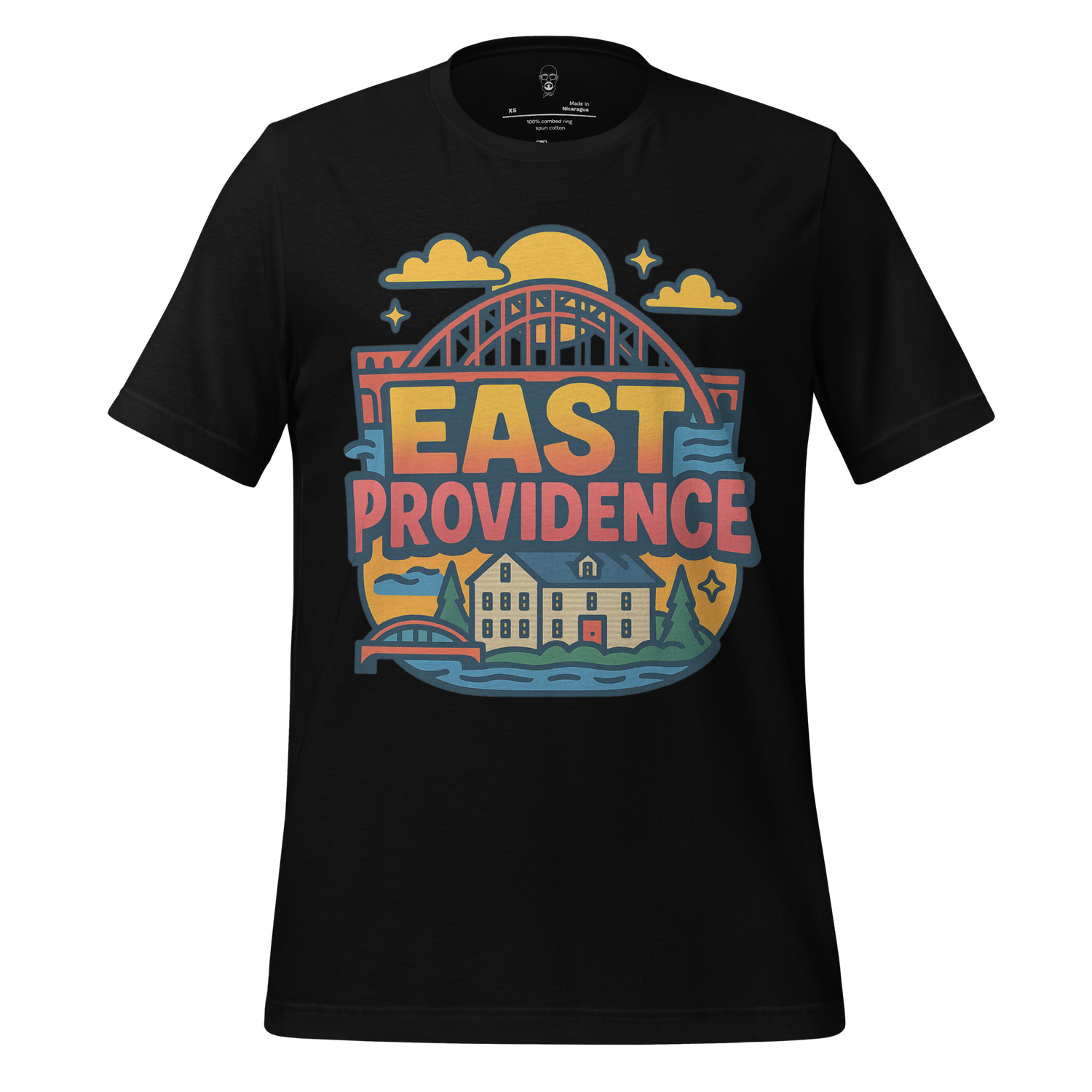 Black East Providence Graphic T-Shirt with colorful bridge and house design by JMK Drip