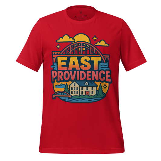 Red JMK Drip East Providence Graphic T-Shirt featuring a bridge and house design
