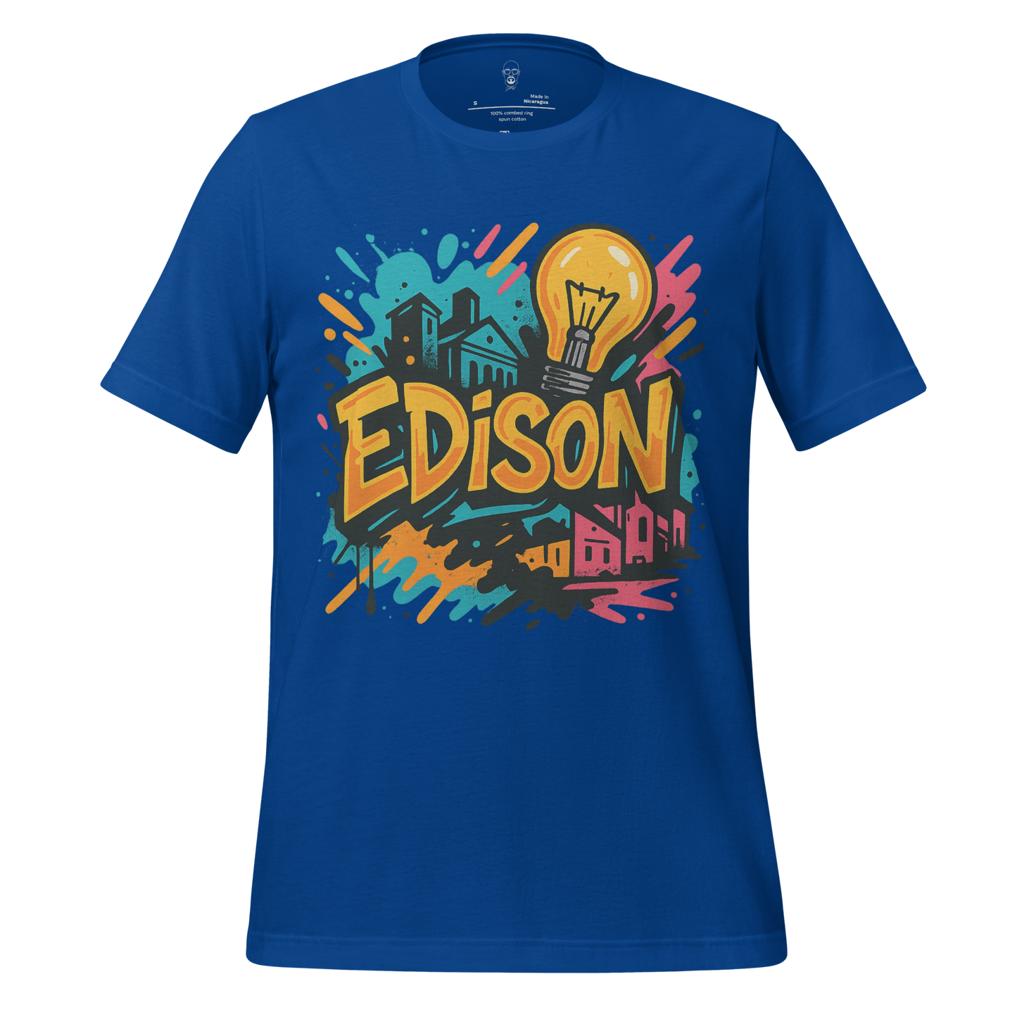 JMK Drip blue Edison Graphic T-Shirt with colorful light bulb and cityscape design