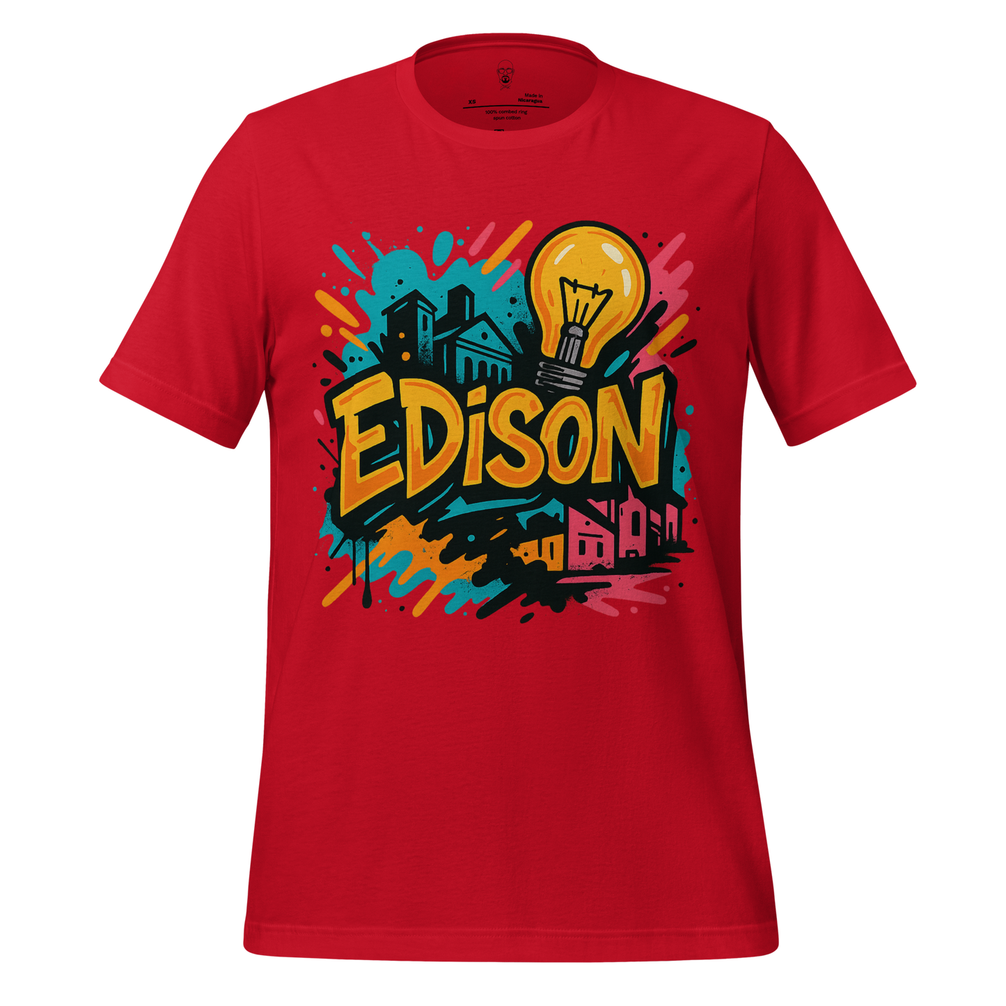 Red Edison Graphic T-Shirt with colorful urban design and light bulb illustration by JMK Drip