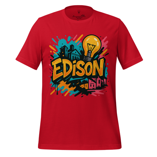Red Edison Graphic T-Shirt with colorful urban design and light bulb illustration by JMK Drip