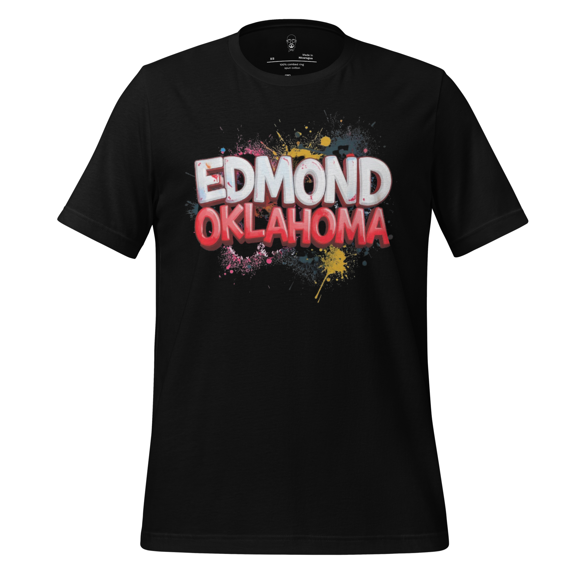 Black t-shirt with colorful paint splatter design and Edmond Oklahoma graphic tee text on front