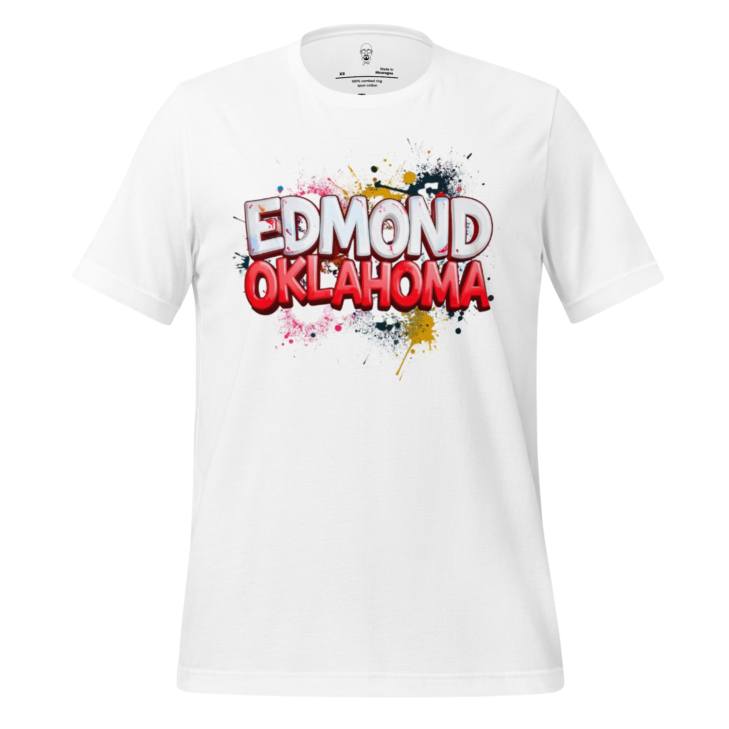 White Edmond Oklahoma graphic tee with colorful paint splatter design by JMK Drip