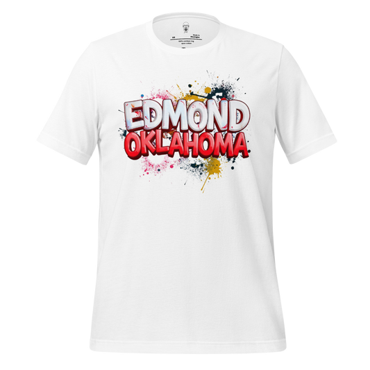 White Edmond Oklahoma graphic tee with colorful paint splatter design by JMK Drip