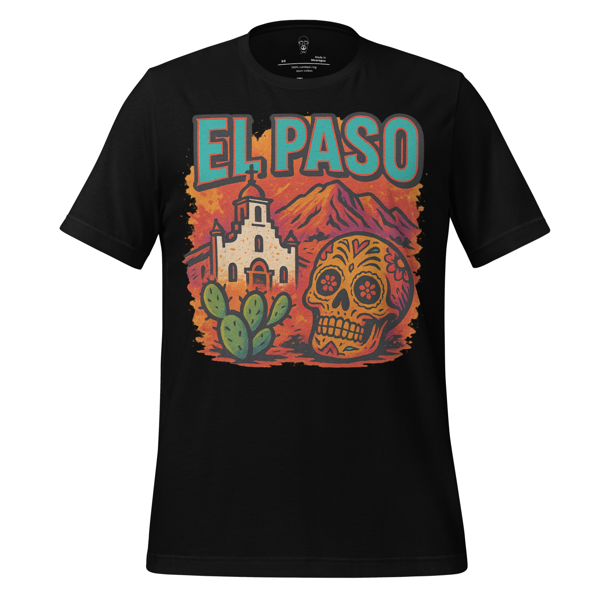 Black El Paso graphic t-shirt with colorful skull, cactus, church, and mountain design