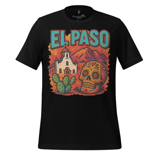 Black El Paso graphic t-shirt with colorful skull, cactus, church, and mountain design