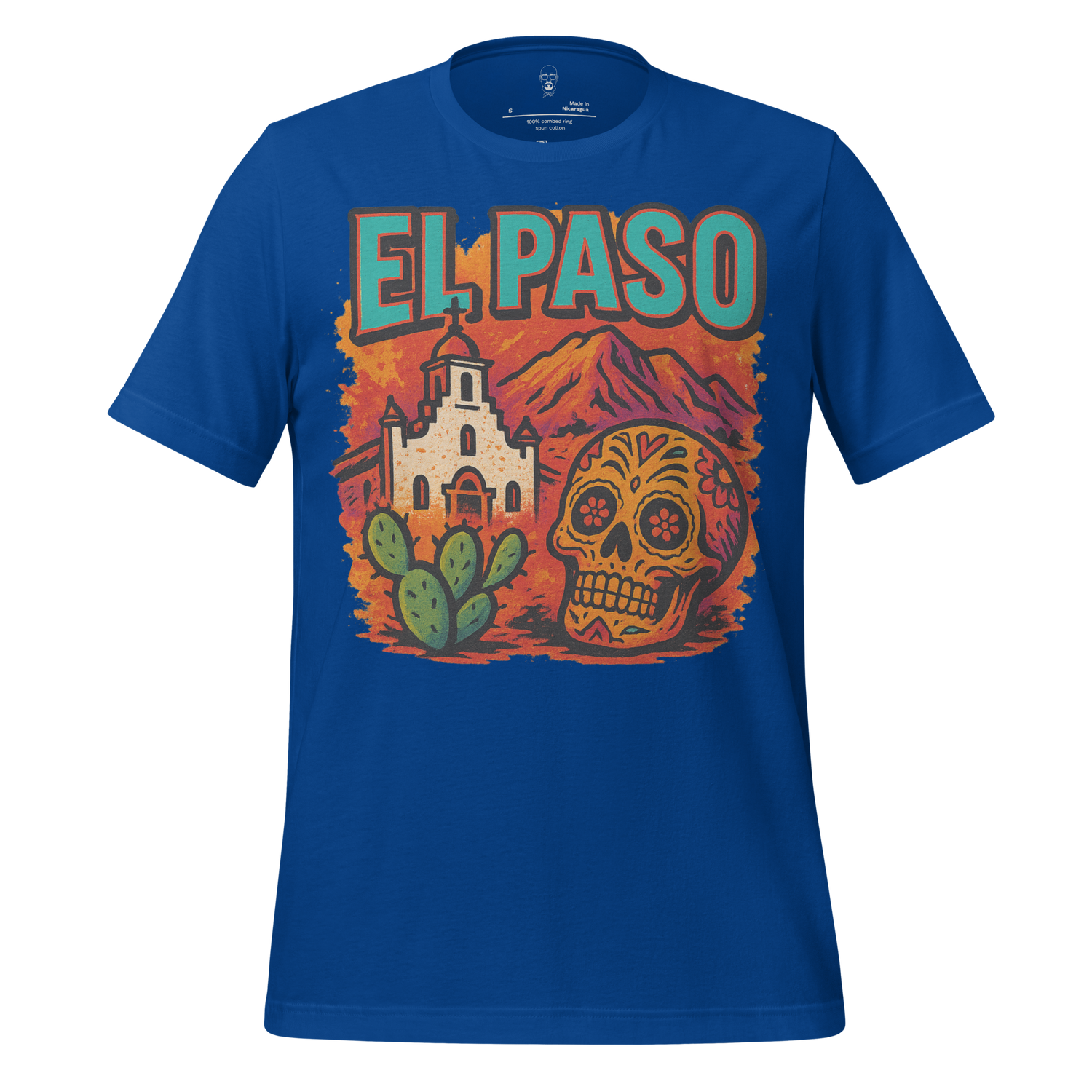 JMK Drip blue El Paso graphic t-shirt featuring church, cactus, mountain, and sugar skull design