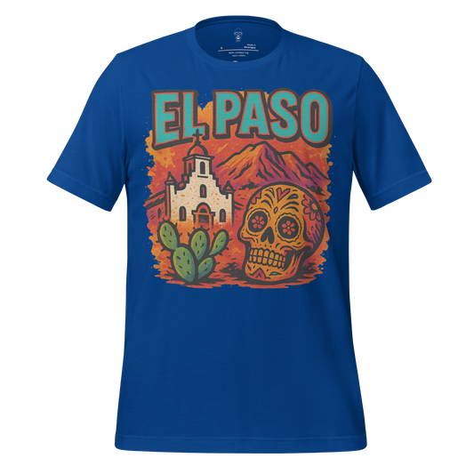 JMK Drip blue El Paso graphic t-shirt featuring church, cactus, mountain, and sugar skull design