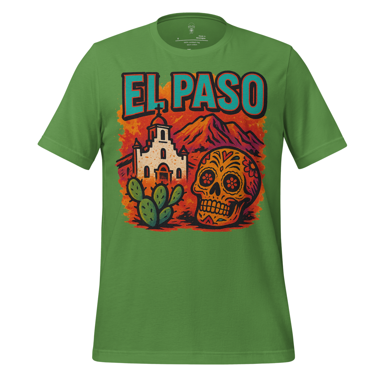 Green El Paso graphic t-shirt with colorful skull, cactus, church, and mountain design by JMK Drip