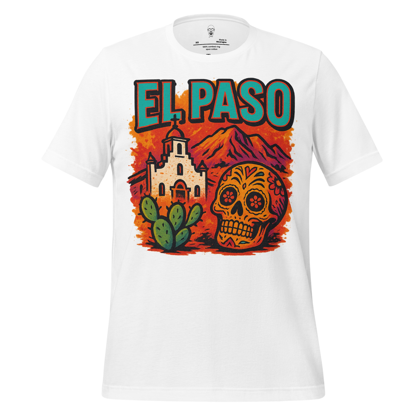 JMK Drip white El Paso graphic t-shirt featuring colorful skull cactus and church design