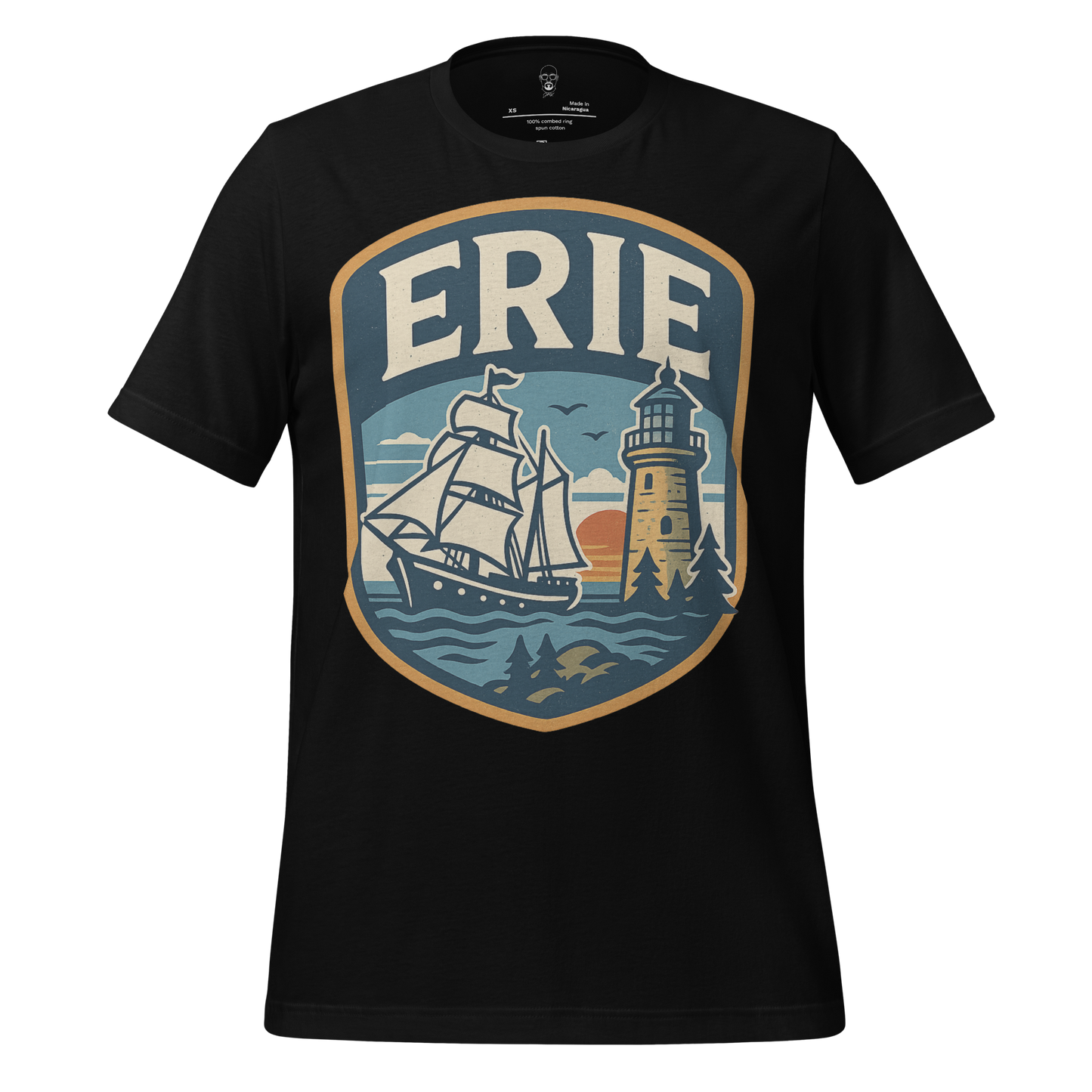 Black Erie Graphic T-Shirt by JMK Drip featuring a vintage ship and lighthouse design