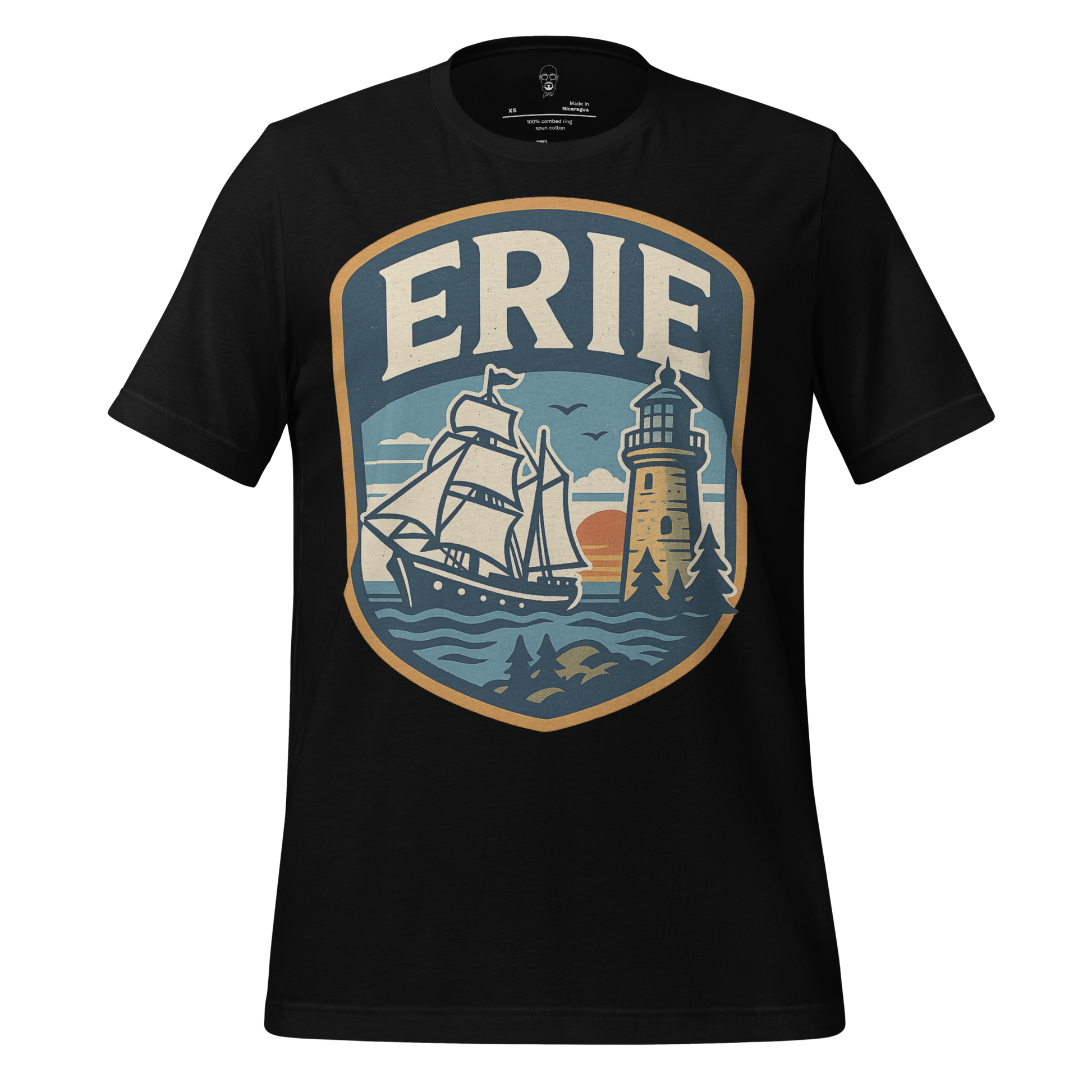 Black Erie Graphic T-Shirt by JMK Drip featuring a vintage ship and lighthouse design