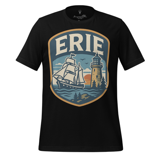 Black Erie Graphic T-Shirt by JMK Drip featuring a vintage ship and lighthouse design