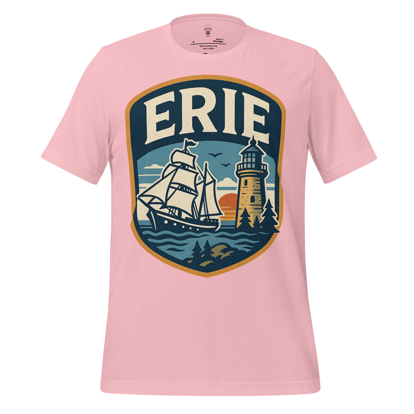 Pink Erie Graphic T-Shirt featuring a vintage ship and lighthouse design by JMK Drip