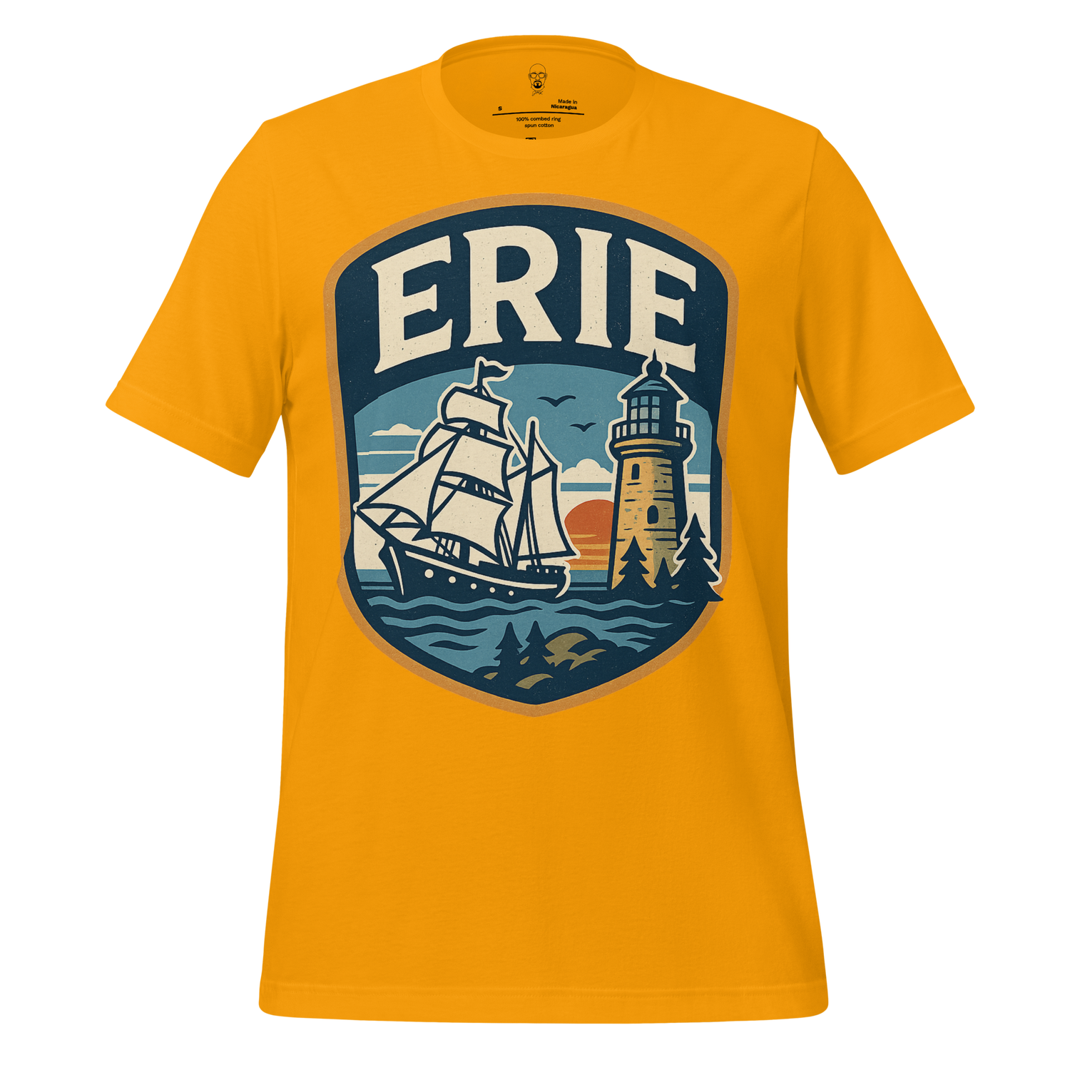 JMK Drip Erie Graphic T-Shirt in yellow featuring a ship and lighthouse design
