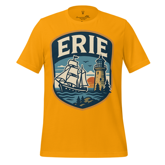 JMK Drip Erie Graphic T-Shirt in yellow featuring a ship and lighthouse design