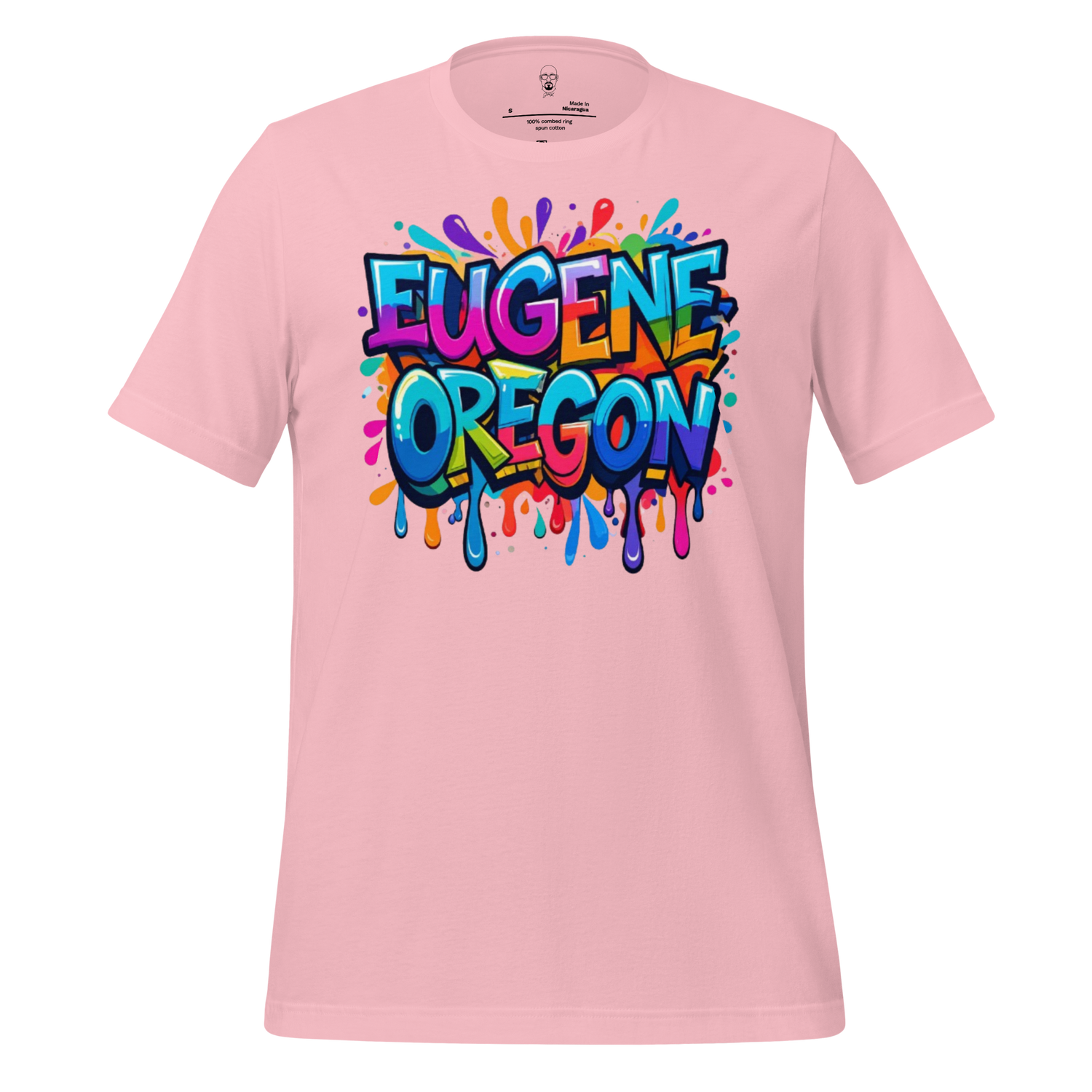 Pink Eugene Oregon graphic t-shirt with colorful graffiti style text and paint splash design