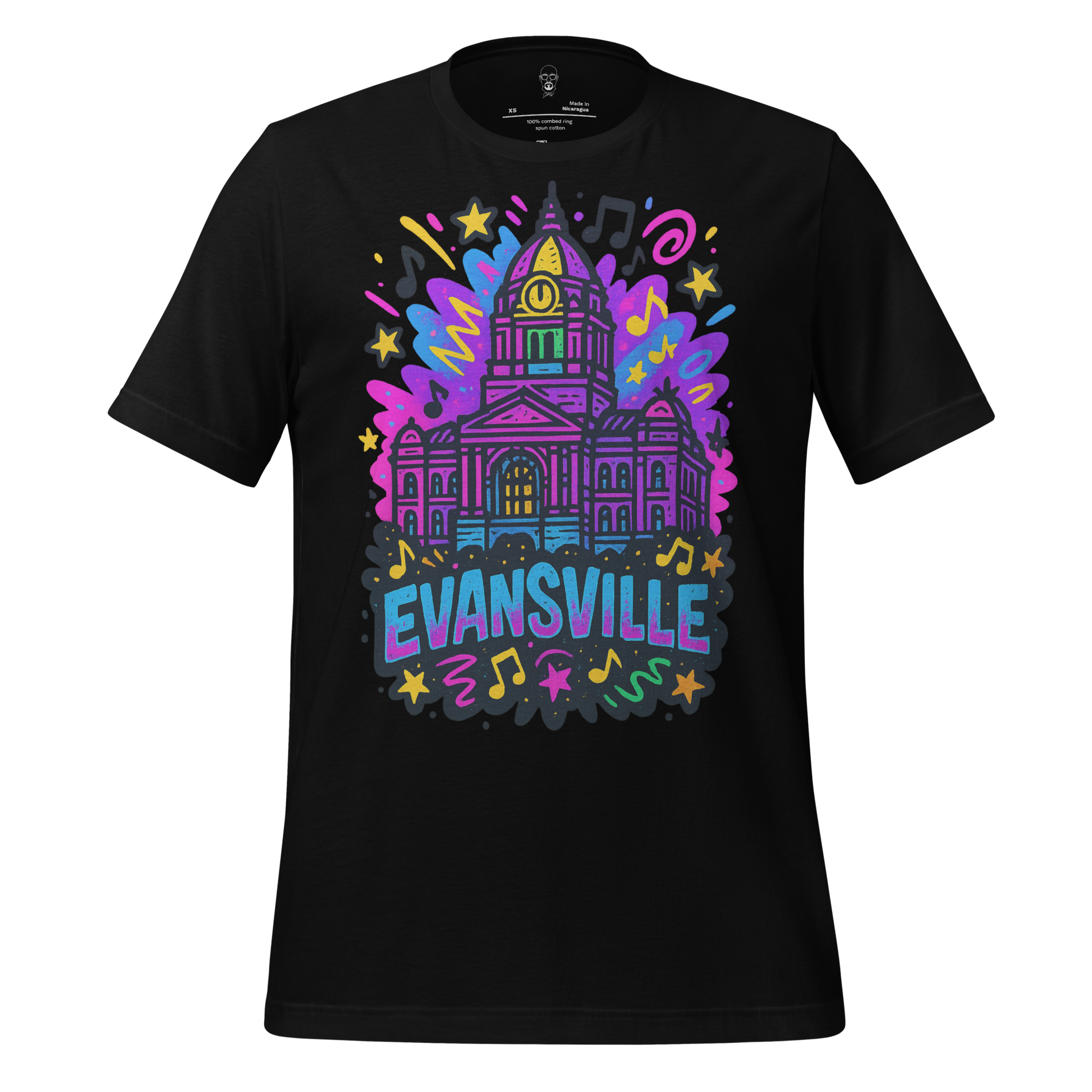 Black JMK Drip Evansville Graphic T-Shirt with colorful city hall illustration and musical notes design
