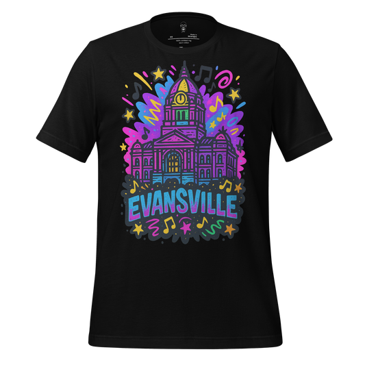 Black JMK Drip Evansville Graphic T-Shirt with colorful city hall illustration and musical notes design