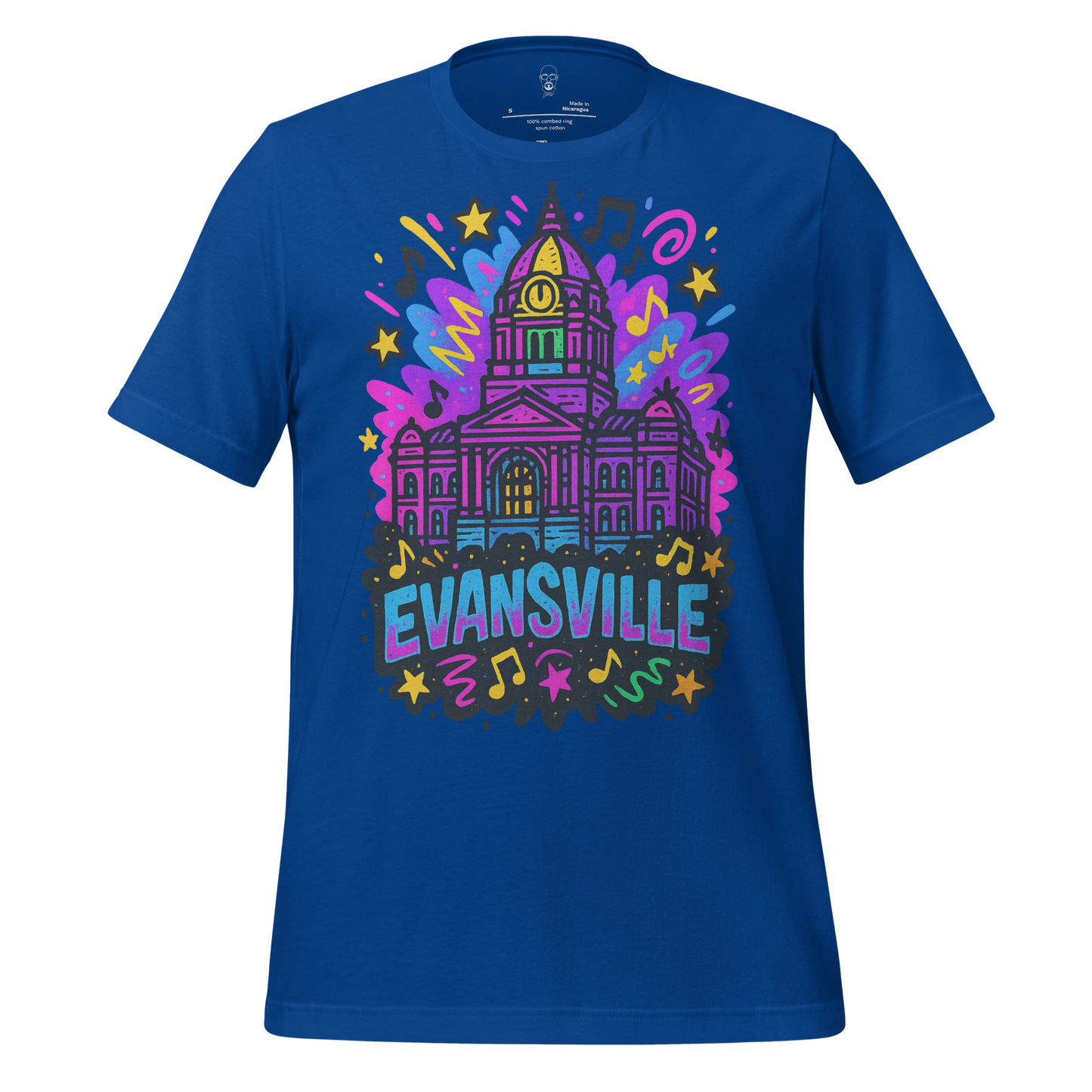JMK Drip Evansville Graphic T-Shirt featuring colorful city hall illustration with musical notes and stars