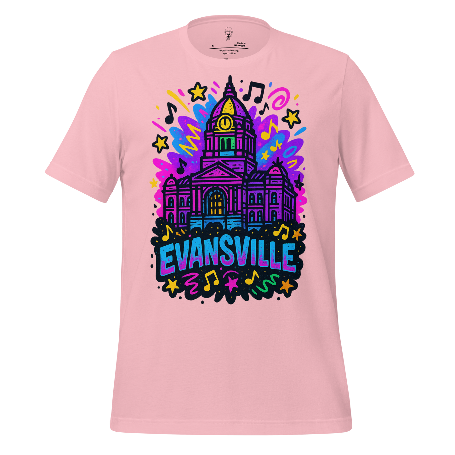 Pink Evansville Graphic T-Shirt featuring colorful city hall illustration with music notes and stars