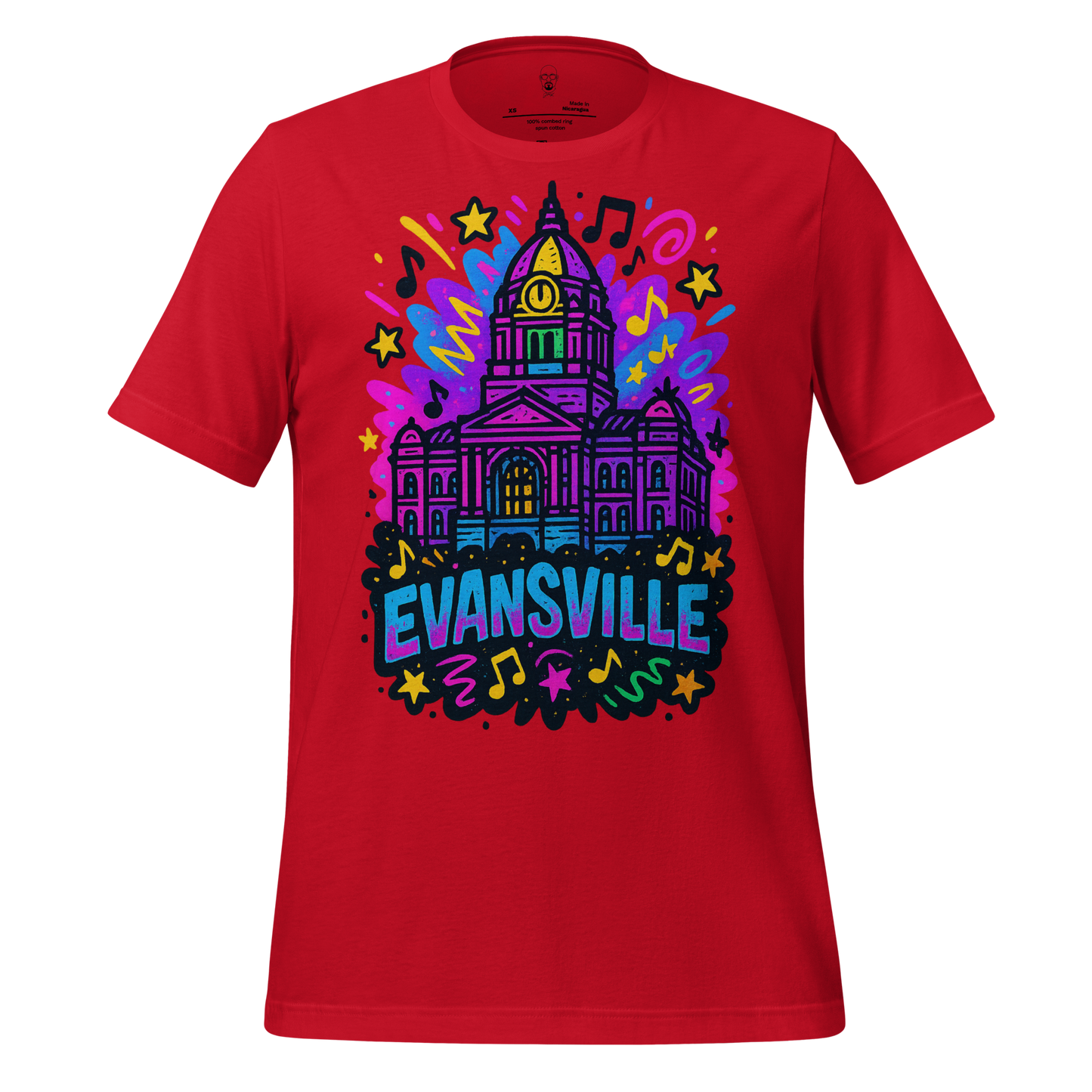 Red Evansville Graphic T-Shirt with colorful artistic city hall design and musical notes