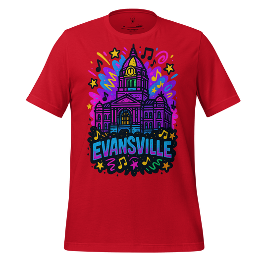 Red Evansville Graphic T-Shirt with colorful artistic city hall design and musical notes