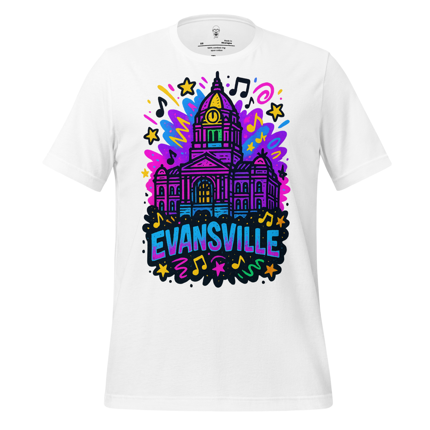JMK Drip white Evansville Graphic T-Shirt with colorful music and stars design