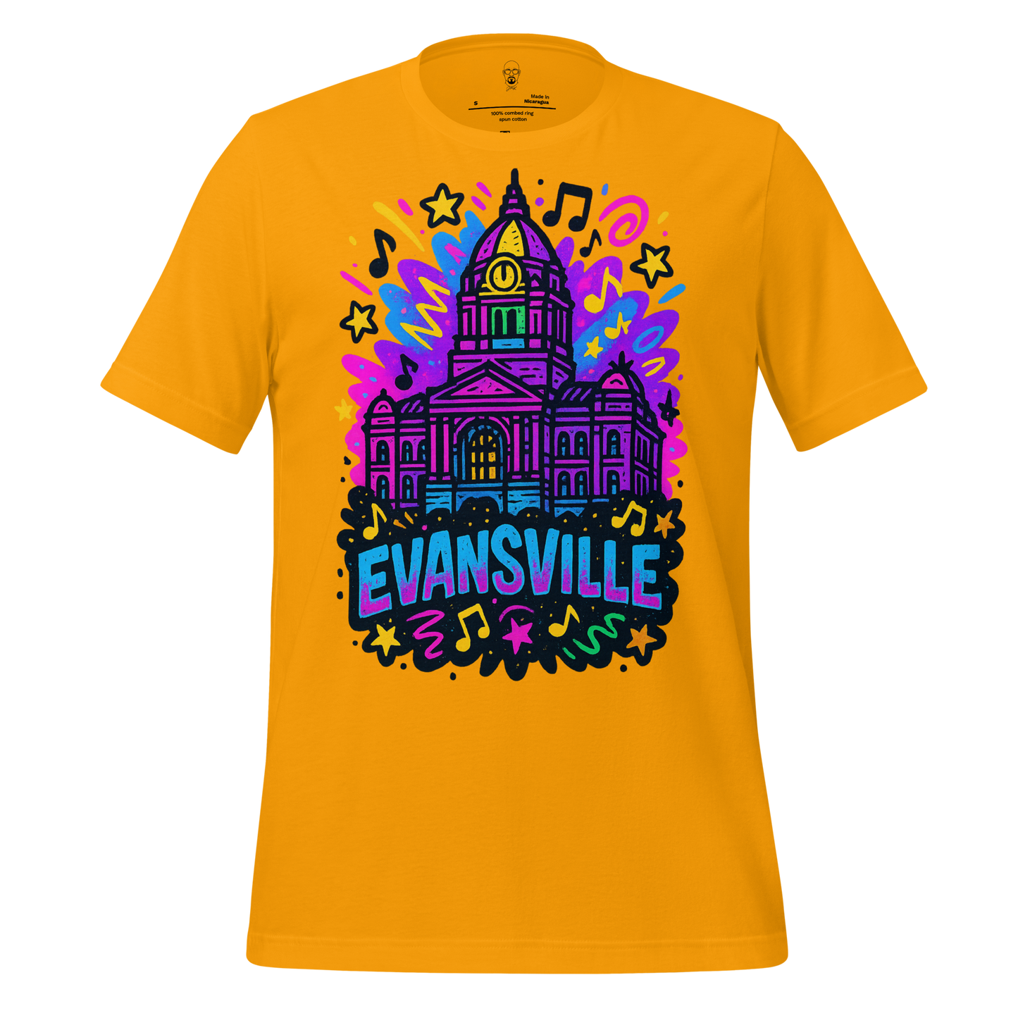 Bright yellow Evansville Graphic T-Shirt with colorful city hall design and musical notes