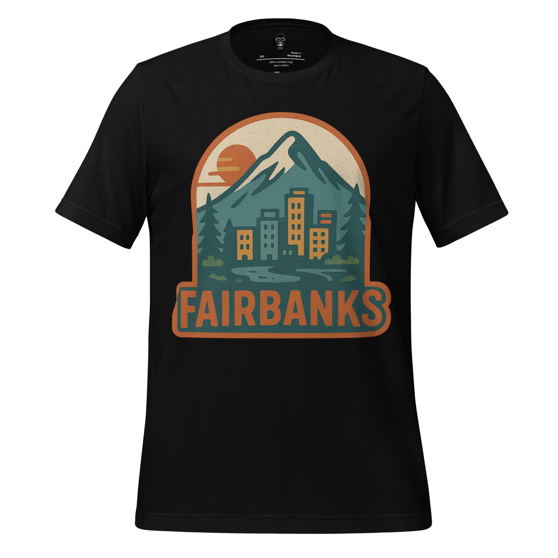 Black Fairbanks Graphic T-Shirt by JMK Drip featuring mountain and cityscape design with sunset