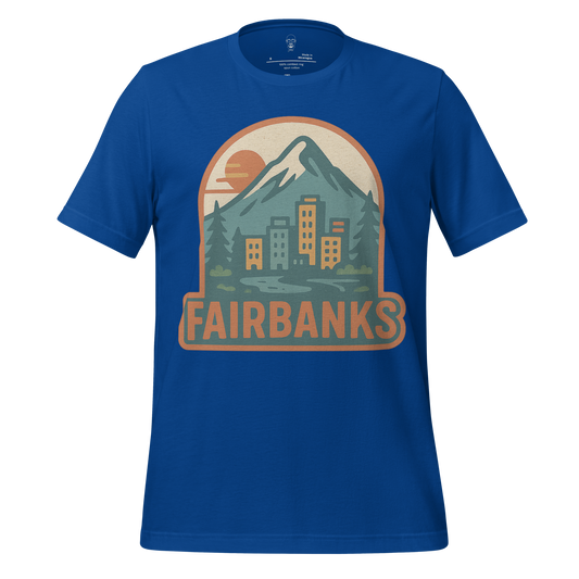 Blue Fairbanks Graphic T Shirt with mountain and city skyline design by JMK Drip
