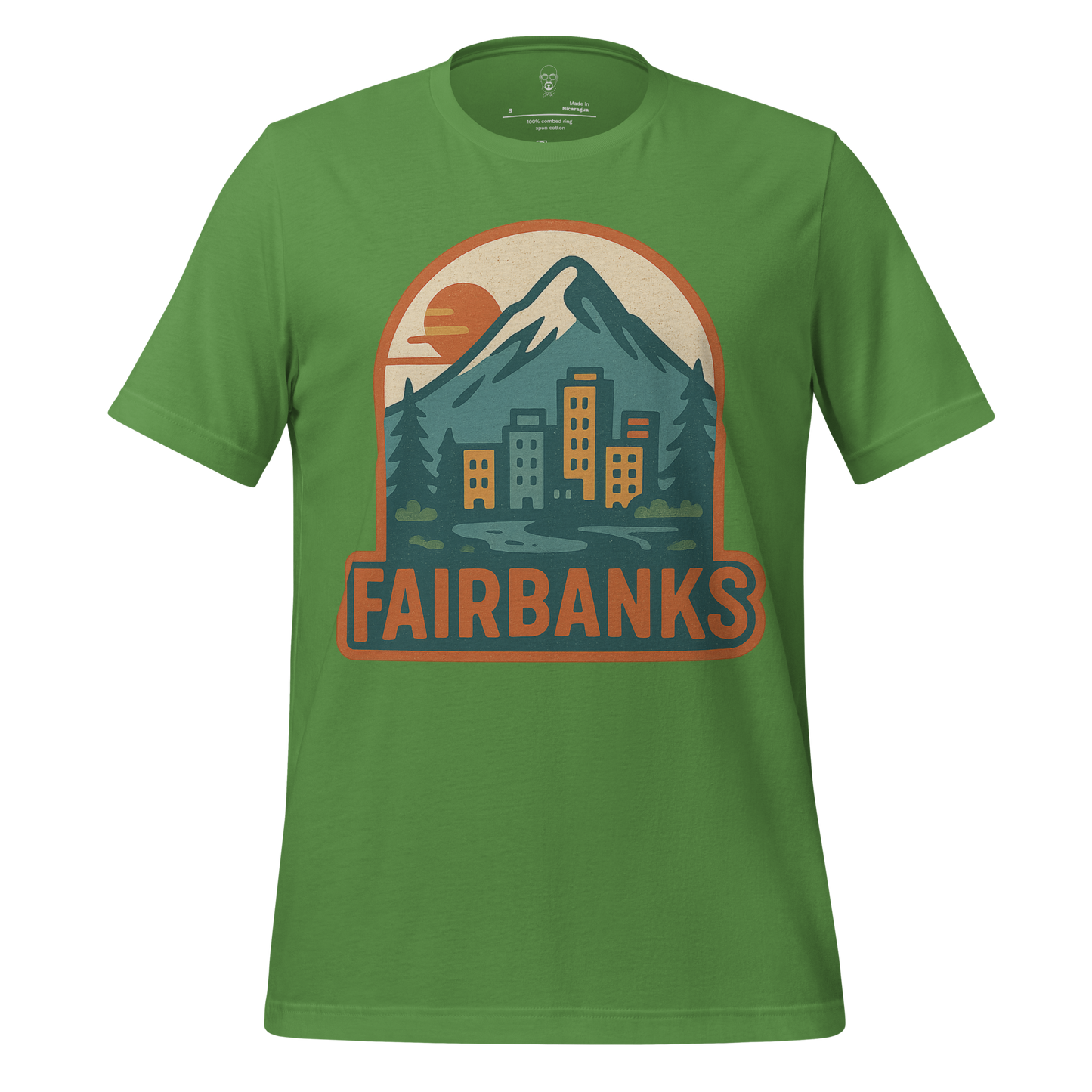 Green Fairbanks Graphic T-Shirt with mountain and cityscape design by JMK Drip