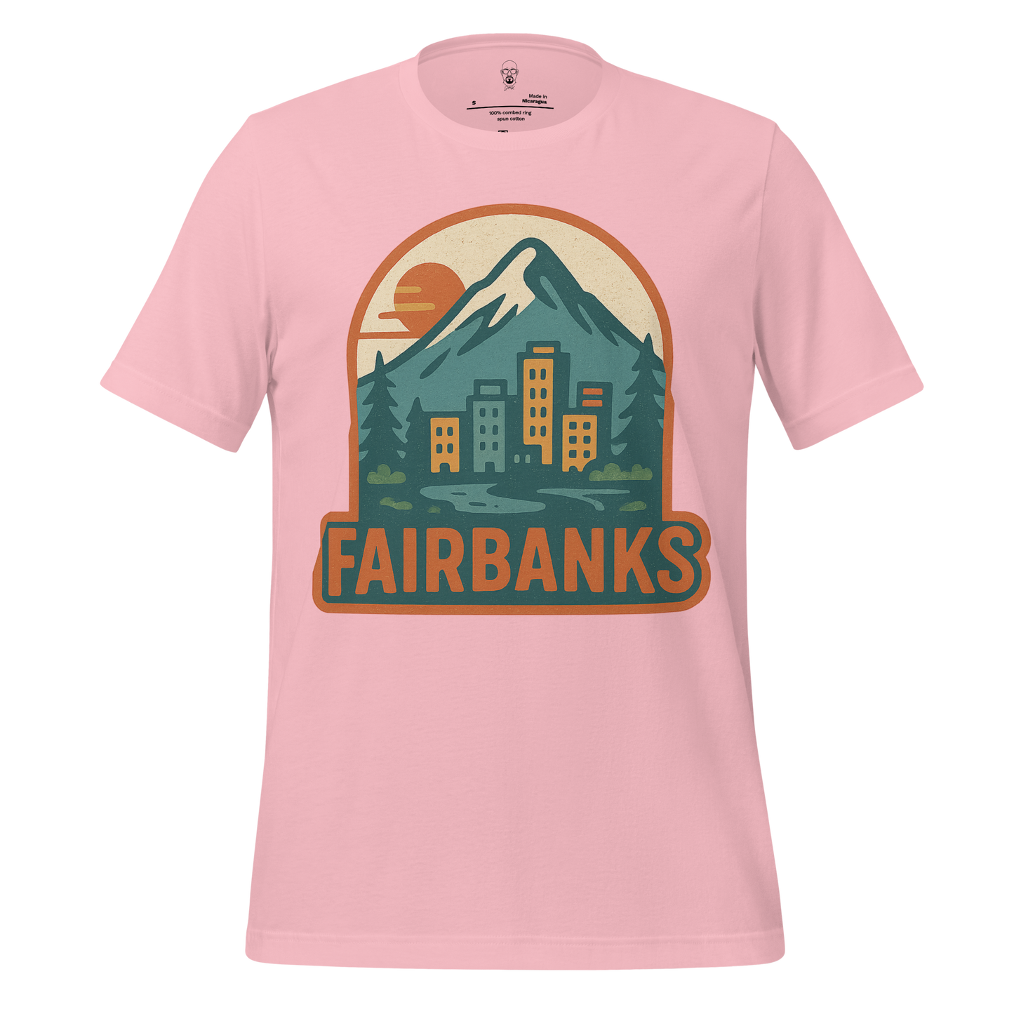 Pink Fairbanks Graphic T-Shirt with mountain and cityscape design by JMK Drip