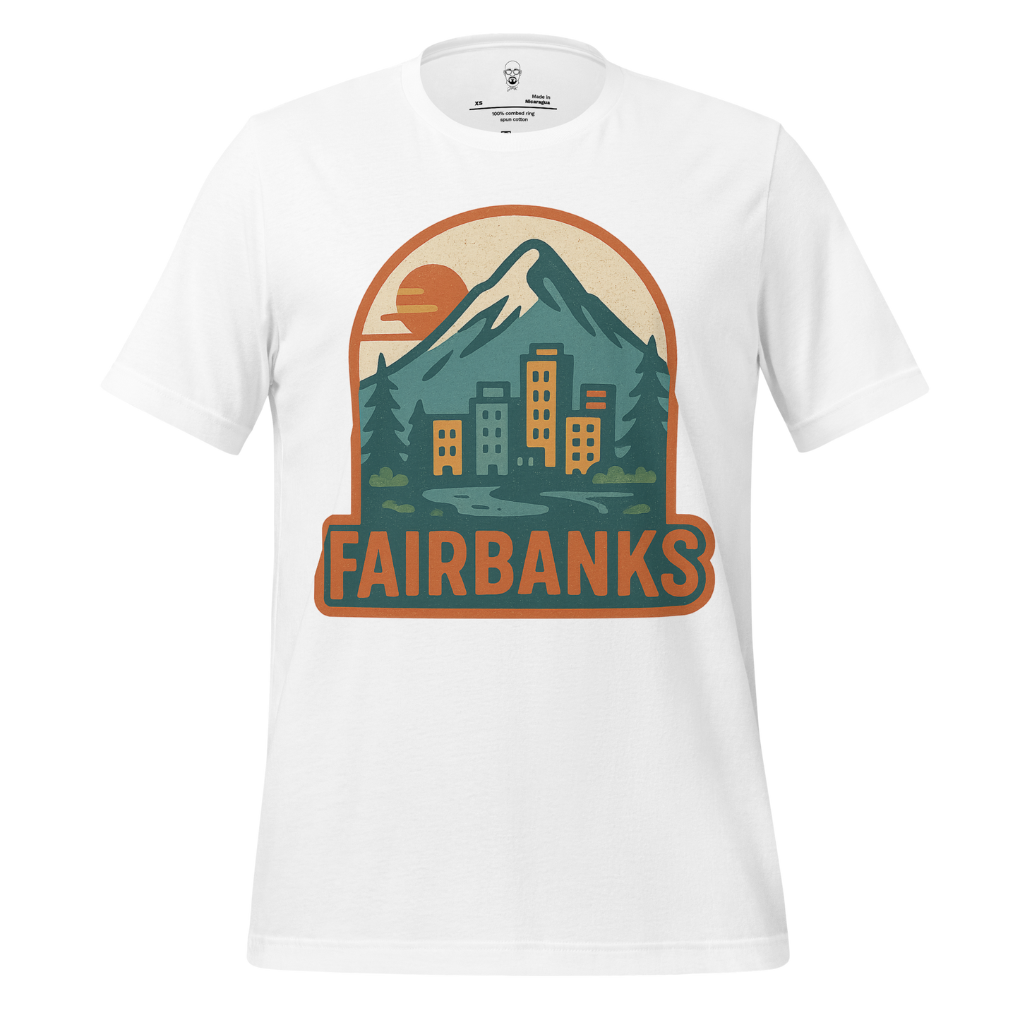 White Fairbanks Graphic T-Shirt by JMK Drip with mountain and city skyline design