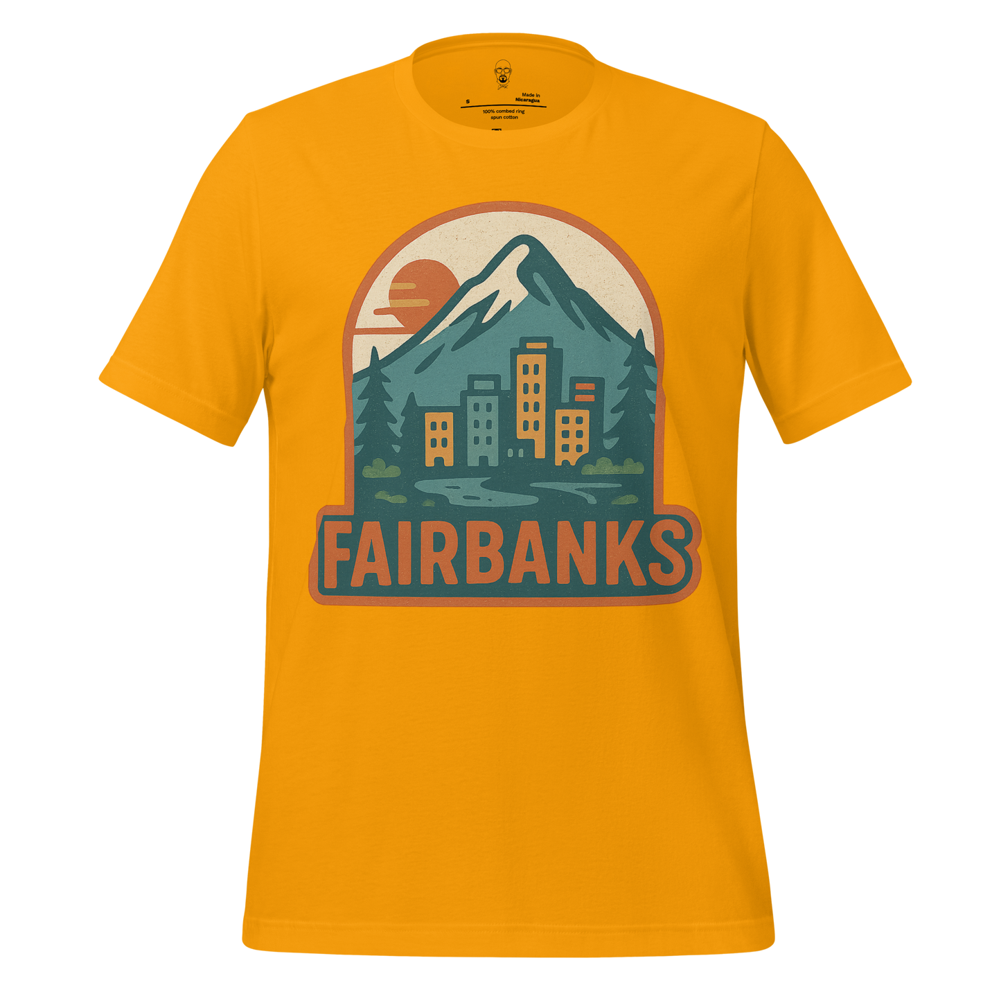JMK Drip Fairbanks Graphic T-Shirt in yellow with mountain and cityscape design