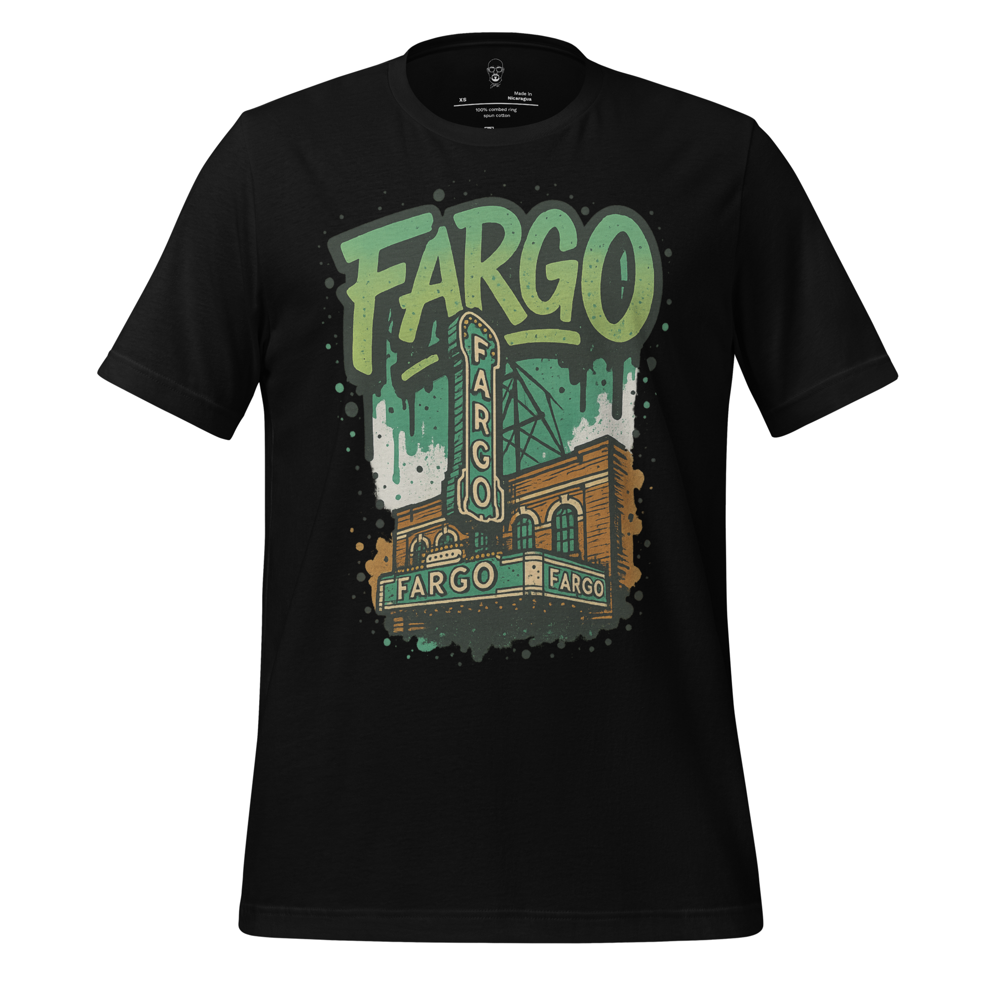 Black Fargo Graphic T-Shirt by JMK Drip featuring a vintage Fargo theater design in green and brown