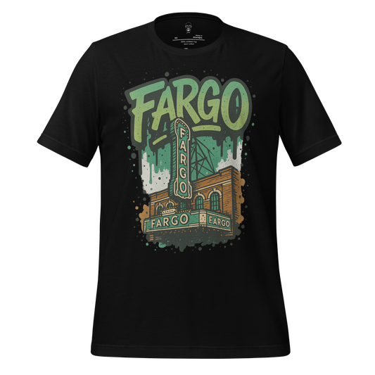 Black Fargo Graphic T-Shirt by JMK Drip featuring a vintage Fargo theater design in green and brown