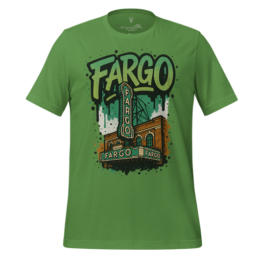 Green Fargo Graphic T-Shirt featuring vintage theater building illustration and bold Fargo text