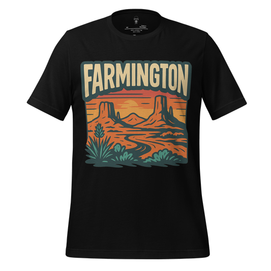 Black Farmington Graphic T-Shirt with orange and green desert landscape design by JMK Drip