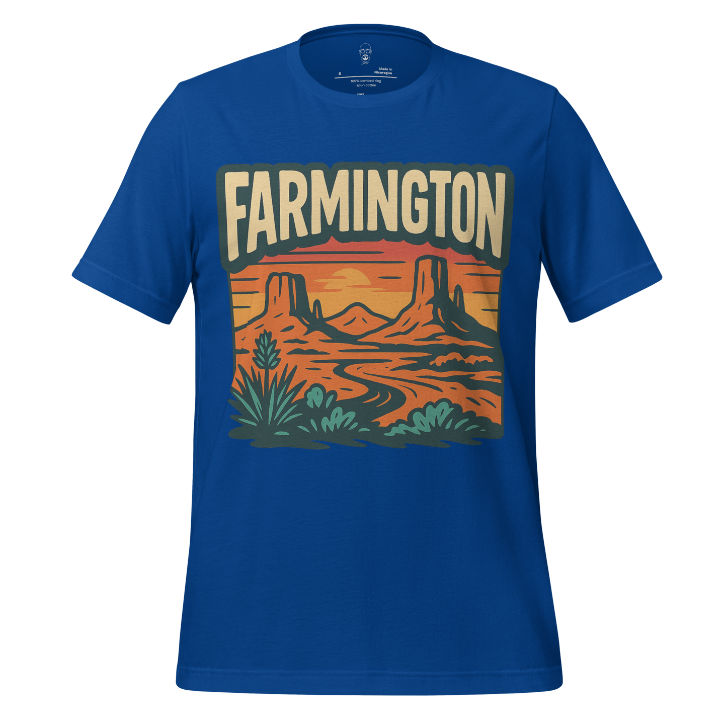 Blue Farmington Graphic T-Shirt by JMK Drip featuring desert landscape with rock formations and sunset