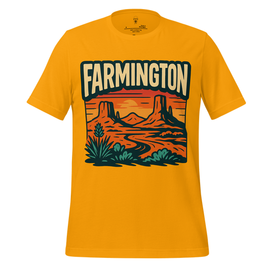 JMK Drip Farmington Graphic T-Shirt in yellow with desert landscape and bold Farmington text