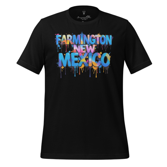 Black t-shirt with colorful dripping paint text reading Farmington New Mexico t-shirt from JMK Drip