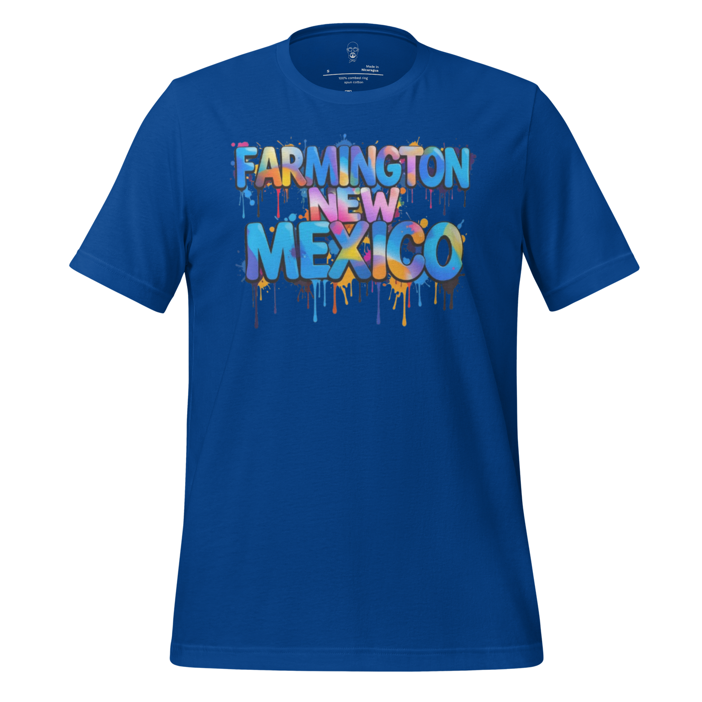 Blue Farmington New Mexico t-shirt with colorful dripping paint text design by JMK Drip