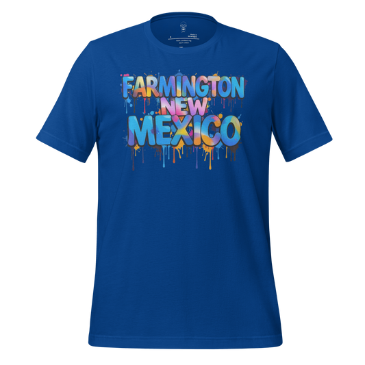 Blue Farmington New Mexico t-shirt with colorful dripping paint text design by JMK Drip