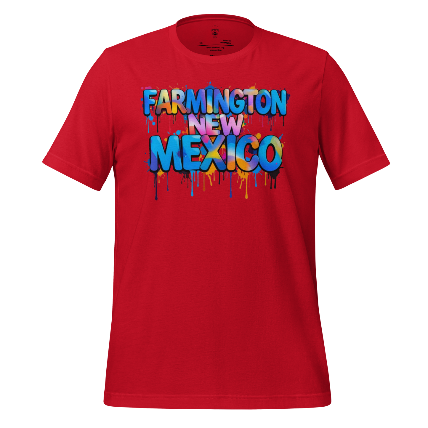 Red Farmington New Mexico t-shirt with colorful graffiti style text design by JMK Drip