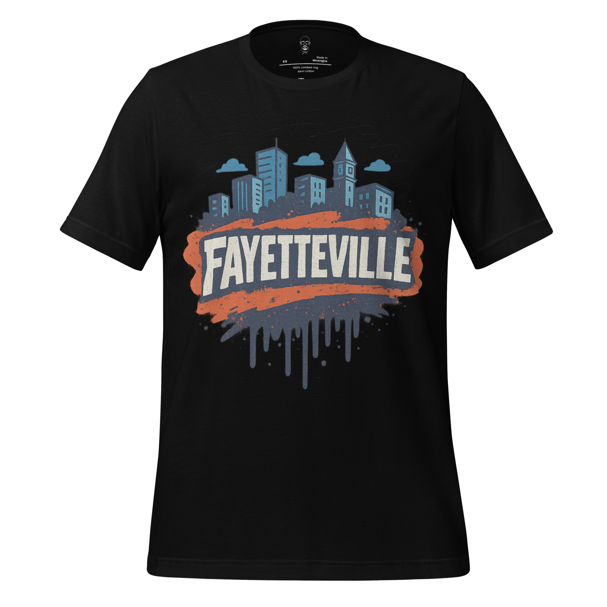 JMK Drip Fayetteville Graphic T-Shirt in black with city skyline and bold Fayetteville text design