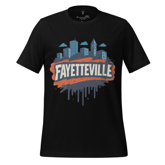 JMK Drip Fayetteville Graphic T-Shirt in black with city skyline and bold Fayetteville text design