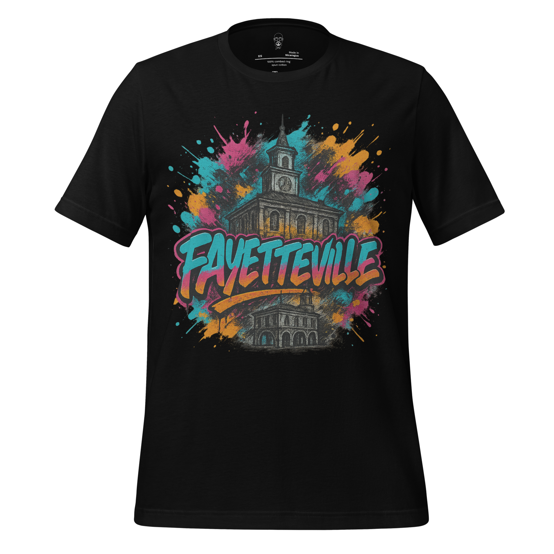 Black Fayetteville Graphic T-Shirt by JMK Drip featuring colorful paint splatter and historic building design